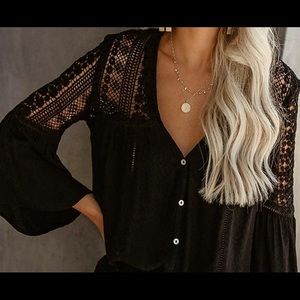 Women's Lace Crochet V Neck Bell Sleeve Button Down Shirt